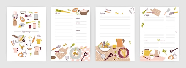 Vector colección de tarjetas de recetas o plantillas de hojas para tomar notas sobre la preparación de comidas y los ingredientes para cocinar. páginas de libros de cocina vacías decoradas con vajilla de colores y verduras. ilustración vectorial.