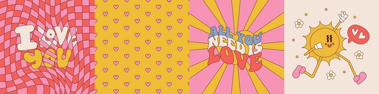 Vector colección de tarjetas de san valentín vintage retro hippie en estilo años 60s70 letras de personajes de dibujos animados tradicionales citas fondos divertidos contorno mano dtawn vector ilustración