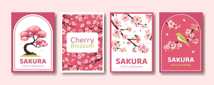 Colección de tarjetas verticales de árbol de sakura plano dibujado a mano con flor de cerezo