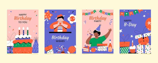 Colección de tarjetas verticales de celebración de cumpleaños dibujadas a mano