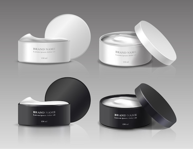 Colección de tarros de crema de belleza con tapa abierta en color blanco y negro