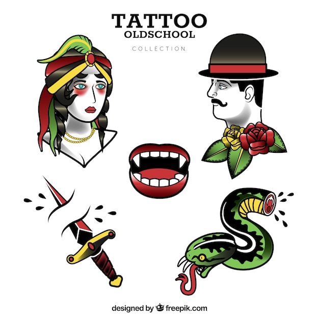 Vector colección de tatuajes old school de diseño plano