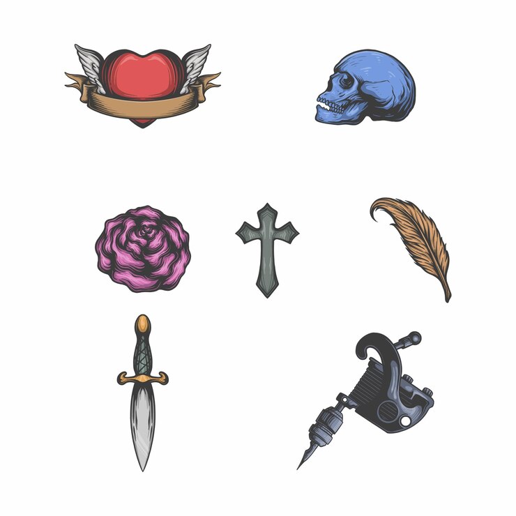 Vector una colección de tatuajes que incluye una calavera, un corazón, una cruz, una pluma, una calavera, una cruz, un corazón y una cruz.