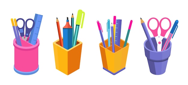Colección de tazas de lápiz 3D isométricas con suministros de oficina y escuela soporte de papelería realista