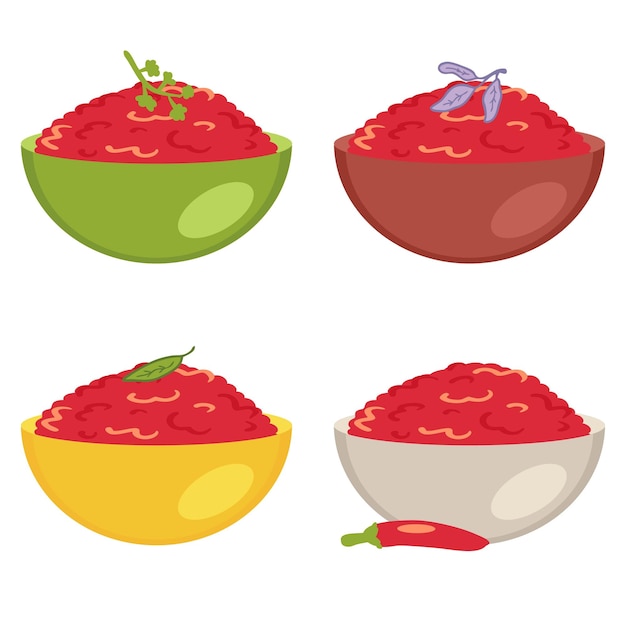 Colección de tazones de salsa picante mexicana de salsa Perfecta para el menú de carteles de pegatinas e impresión Ilustración vectorial aislada para decoración y diseño