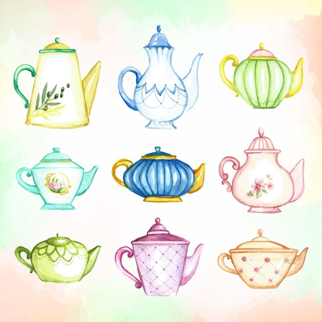 Vector colección teapots watercolor