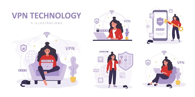 Colección de tecnología VPN Mujeres que usan red privada virtual Seguridad de contraseña Protección de datos de privacidad Software moderno para servidores remotos Conjunto de ilustraciones vectoriales en estilo de dibujos animados planos