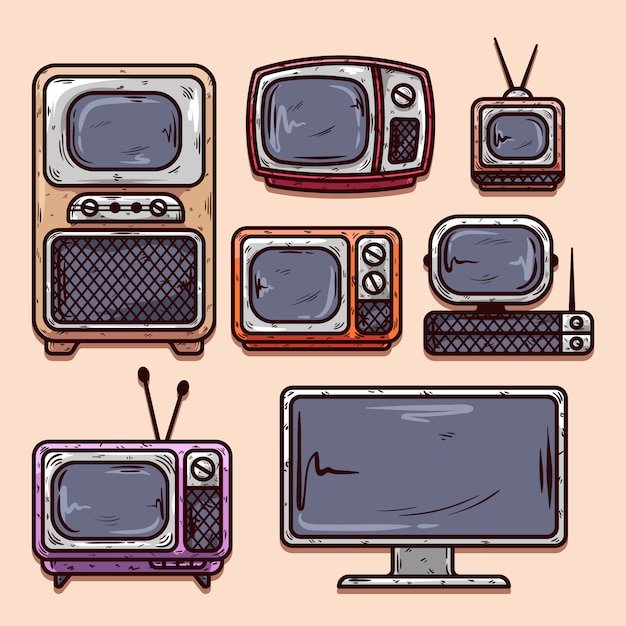 Vector colección de televisión vintage y moderna dibujada a mano