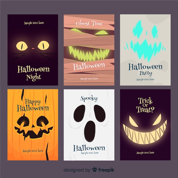 Vector colección terrorífica de tarjetas de halloween con diseño plano