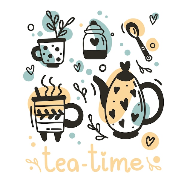 Colección de tetera y taza dibujada a mano aislada sobre fondo blanco. iconos de la hora del té del doodle de la ilustración del vector para el diseño del menú del café y del restaurante