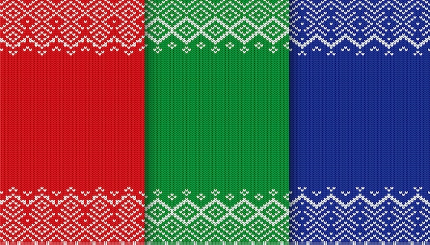 Colección de textura de suéter de tres colores. Fondo de Navidad de punto. Adorno geométrico rojo, verde y azul.