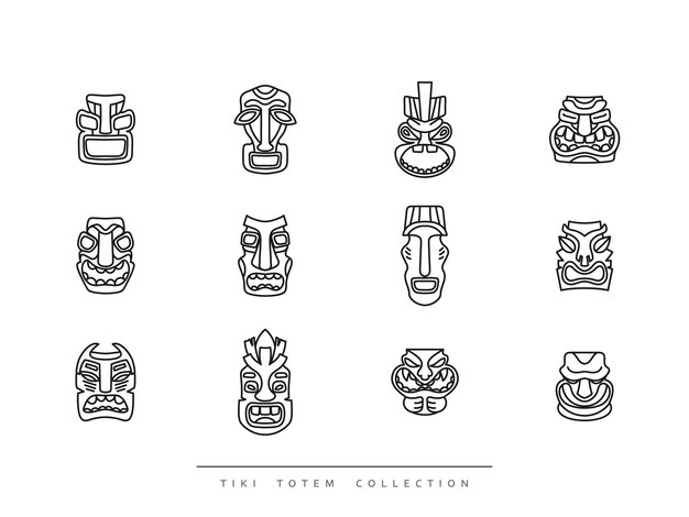 Colección Tiki Totem en ilustración vectorial de estilo lineal.