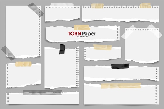 Vector colección de tiras de papel rasgadas blancas trozos de papel realistas con bordes rasgados y cinta adhesiva pegajosa