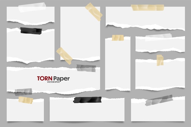Colección de tiras de papel rasgadas blancas trozos de papel realistas con bordes rasgados y cinta adhesiva pegajosa