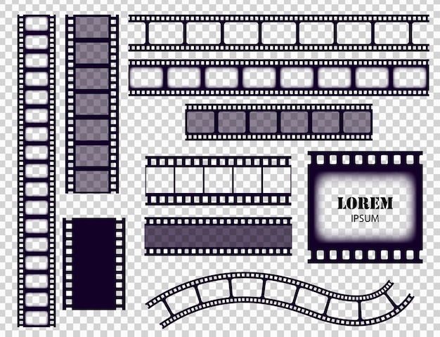 Colección de tiras de película. Cintas de borde de cine o negativo fotográfico aislado sobre fondo transparente. Rayas de película monocromática establecen ilustración vectorial.