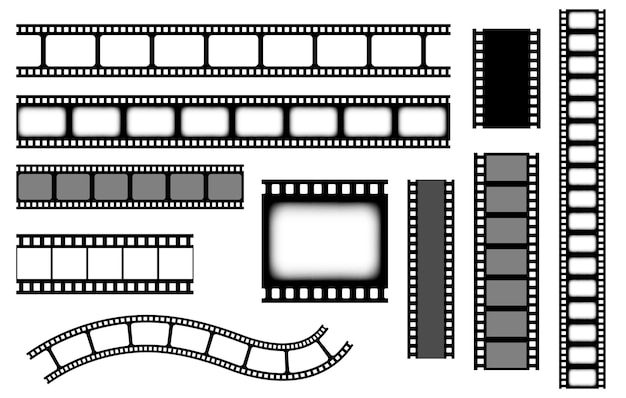 Colección de tiras de película cintas de borde de cine o negativo fotográfico aislado sobre fondo transparente rayas de película monocromáticas establecen ilustración vectorial