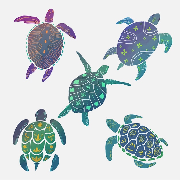 Vector colección de tortugas marinas de acuarela dibujadas a mano