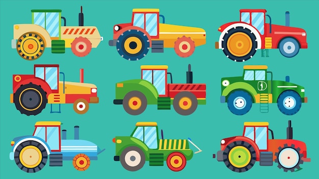 una colección de tractores, incluido uno que tiene la palabra tractor en él
