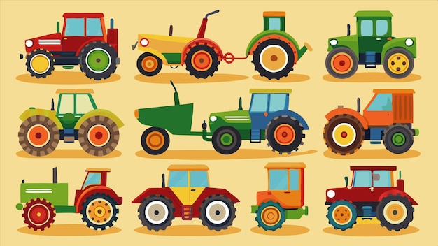 una colección de tractores y tractores de juguete para niños