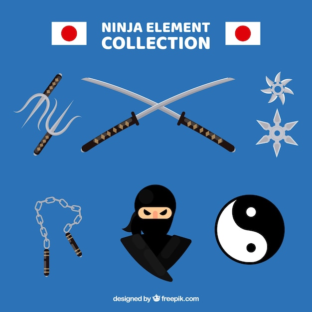 Colección tradicional de elementos de ninja con diseño plano