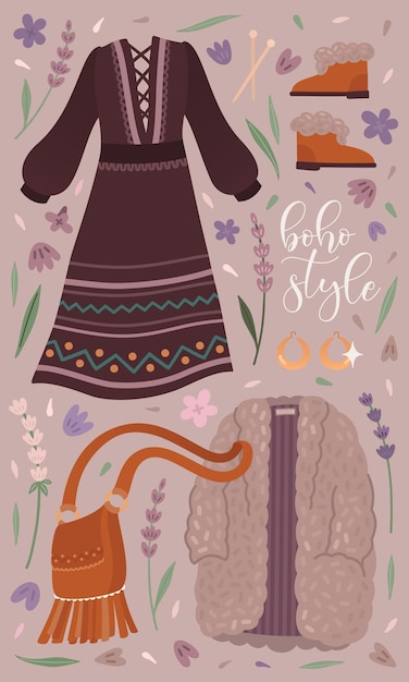 Vector colección de trajes boho con abrigo de piel