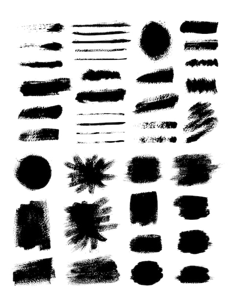 Colección de trazos de pincel de tinta. Conjunto de pinceles de grunge de vector. Texturas sucias de pancartas, cajas, marcos y elementos de diseño. Objetos pintados aislado sobre fondo blanco.