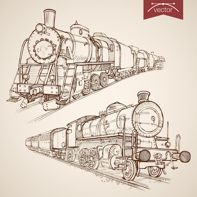 Colección de trenes retro dibujados a mano vintage de grabado. transporte ferroviario de dibujo a lápiz