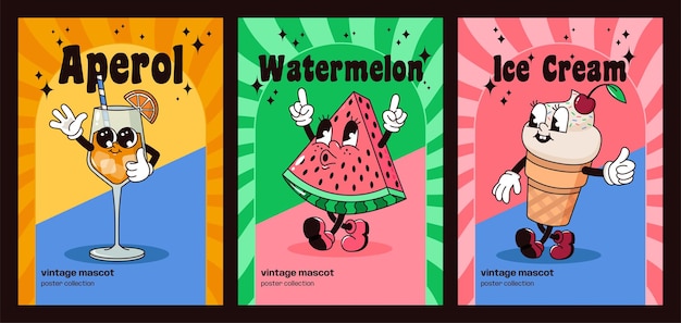 Colección de tres carteles Vintage Groovy Mascots Aperol Helado de sandía