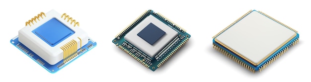 Una colección de tres chips de microprocesador de CPU cada uno con diseños y esquemas de colores distintos Conjunto de tres fichas de microprocessador con diferentes diseños ilustración vectorial