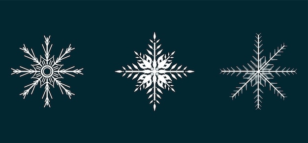 Colección de tres copos de nieve suaves aislados sobre un fondo negro Conjunto de iconos de Nieve Plana silueta agradable