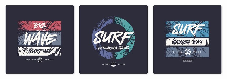 Colección de tres diseños de camisetas gráficas vectoriales, carteles y impresiones sobre el tema del surf