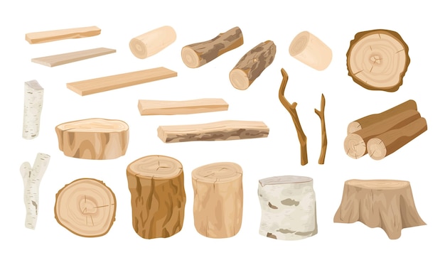 Colección de troncos de madera, ramas de árboles, maderas, madera aserrada en tablas rugosas aisladas sobre fondo blanco. conjunto de madera aserrada e industrial. ilustración de vector colorido en estilo realista