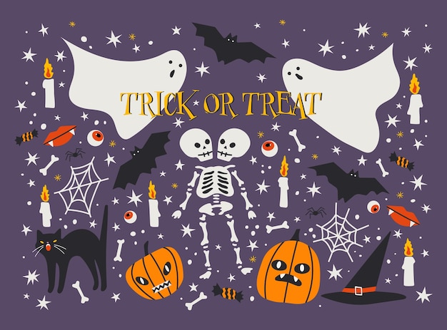 Colección de truco o trato de halloween con plantilla de varios elementos para tarjeta o póster de halloween