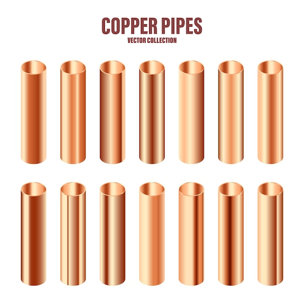 Colección de tuberías de cobre Material de construcción Textura metálica pulida Gradiente brillante Ilustración vectorial