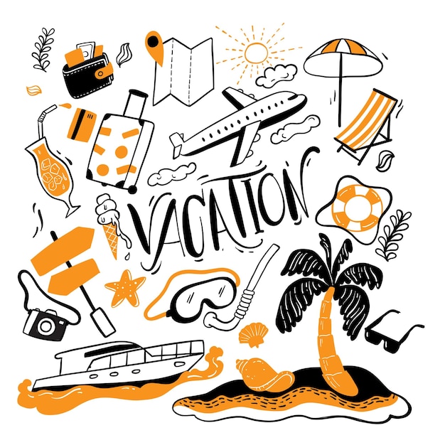 Vector colección de turismo de aventura, viajes al extranjero, viaje de vacaciones de verano, dibujo manual del elemento de vacaciones con estilo de garabato