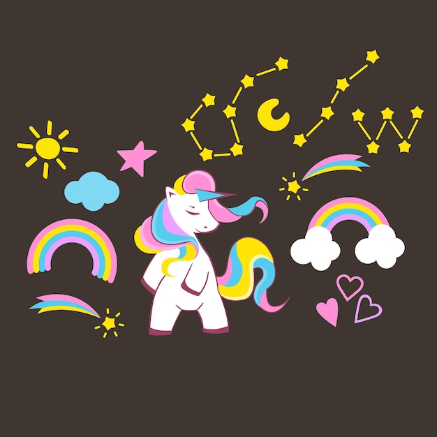 Colección de unicornios. ilustración de dibujos animados lindo unicornio multicolor con melena de arco iris. ilustración vectorial