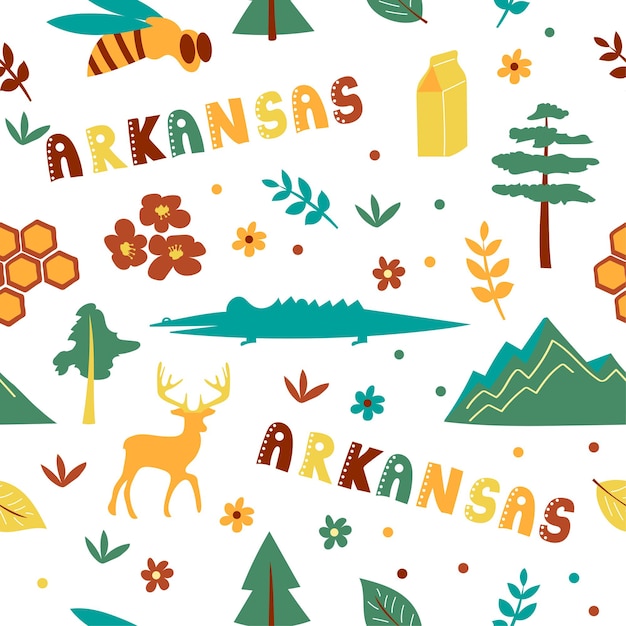 Colección usa. ilustración de vector de tema de arkansas. símbolos estatales - patrón sin costuras