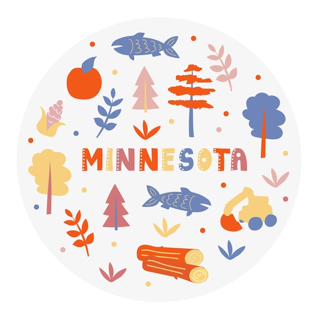 Colección USA. Ilustración de vector de tema de Minnesota. Símbolos estatales - forma redonda
