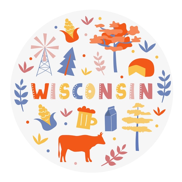 Colección usa. ilustración de vector de tema de wisconsin. símbolos estatales - forma redonda