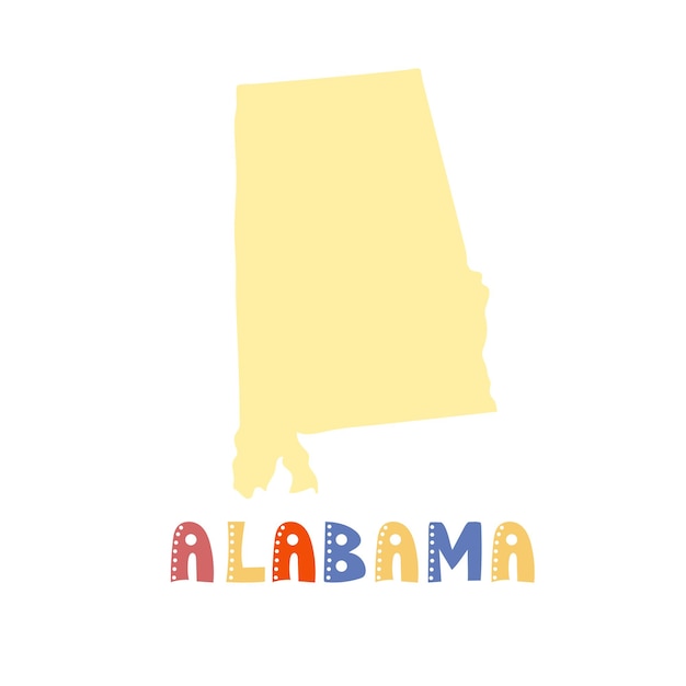 Colección USA. Mapa de Alabama - silueta amarilla. Letras de estilo garabatos