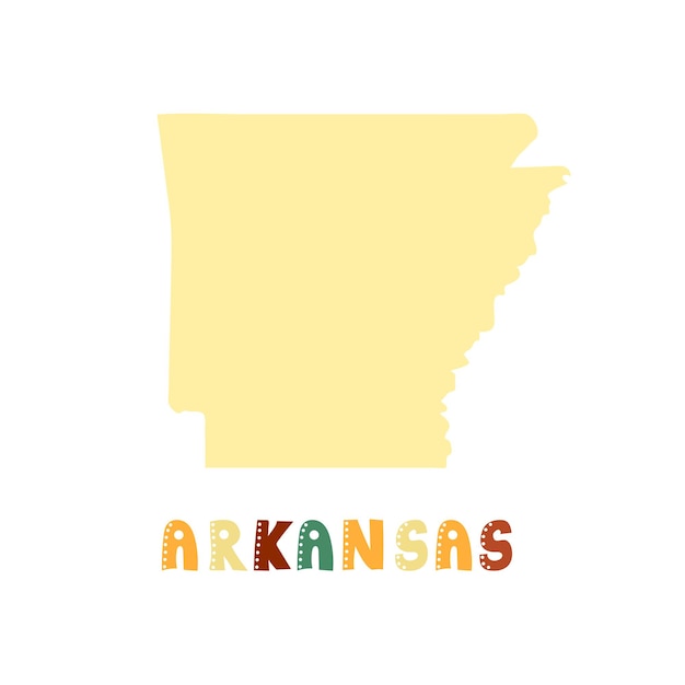 Colección usa. mapa de arkansas - silueta amarilla. letras de estilo garabatos