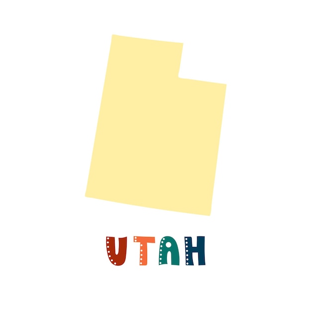 Colección USA. Mapa de Utah - silueta amarilla. Letras de estilo garabatos