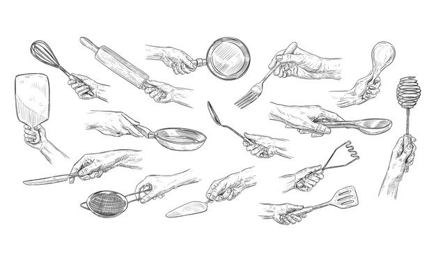 Colección de utensilios de cocina dibujados a mano