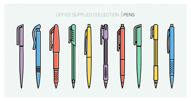 Colección de útiles de oficina. Juego de bolígrafos. Herramientas de escritura Estilo de contorno. Iconos de vector de línea fina de bolígrafo. De vuelta a la escuela. Materiales de escritura Papelería colección.