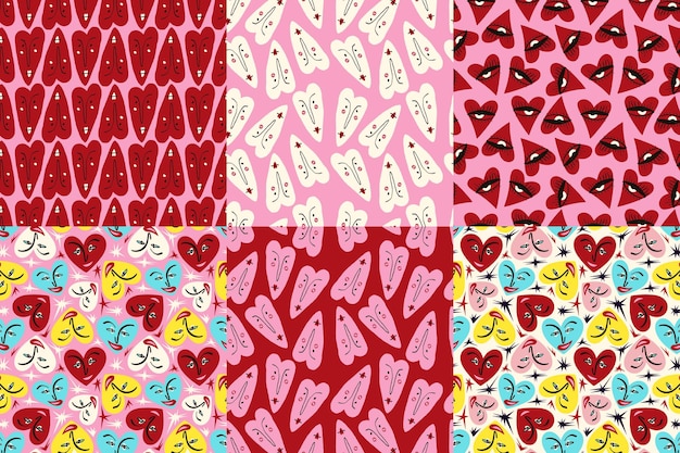 Colección de Valentines de patrones sin costuras brillantes y frescos con corazones y personajes brillantes y juguetones.