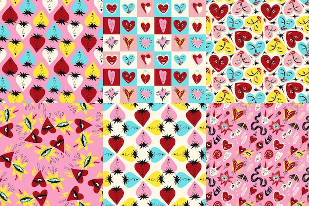 Colección de Valentines de patrones sin costuras brillantes y frescos con corazones y personajes brillantes y juguetones.