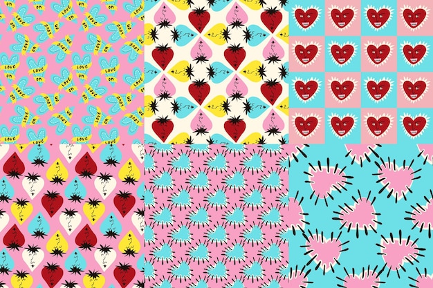 Colección de Valentines de patrones sin costuras brillantes y frescos con corazones y personajes brillantes y juguetones.