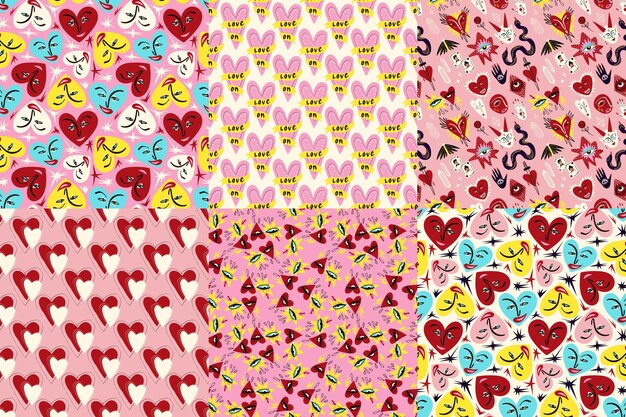 Colección de Valentines de patrones sin costuras brillantes y frescos con corazones y personajes brillantes y juguetones.