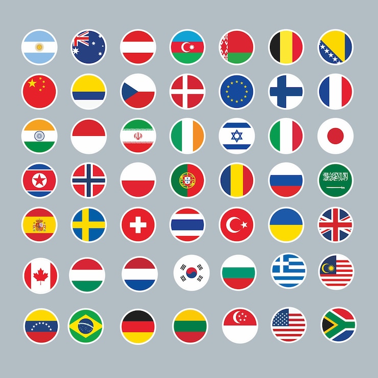 Vector colección de varias banderas internacionales en íconos circulares