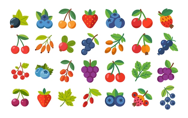 Colección de varias bayas y frutas Conjunto de coloridos íconos de frutas planas y bayas en fondo blanco